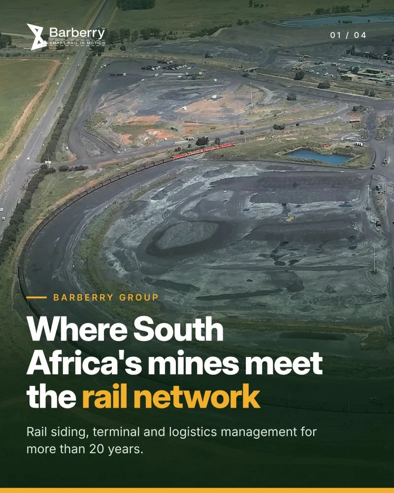 Aerial view of a coal siding, with a loaded train curving past the stockpiles. Text: Where South Africa's mines meet the rail network.