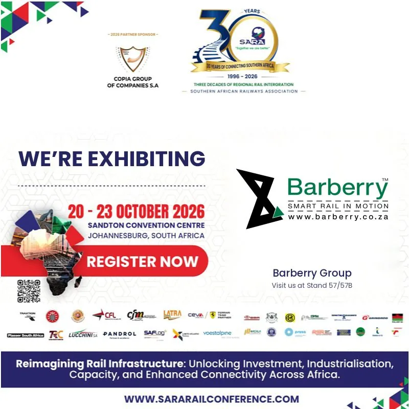 SARA 2026 exhibitor graphic: We're exhibiting, 20 to 23 October 2026, Sandton Convention Centre, Johannesburg. Barberry Group, visit us at Stand 57/57B. With the SARA 30 years logo and the event sponsors' logos.