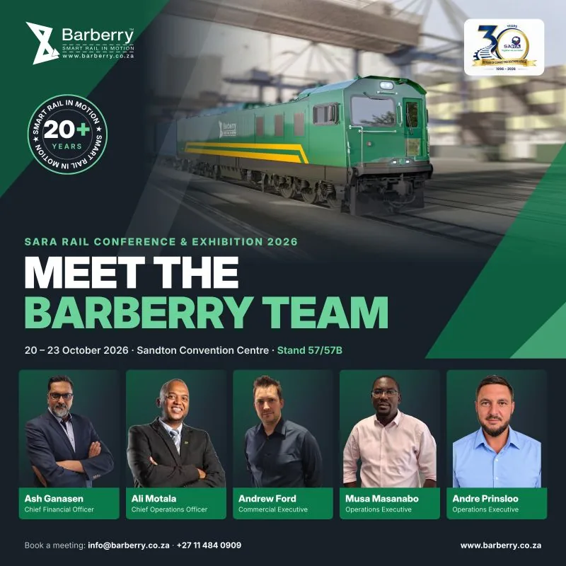 Meet the Barberry team at SARA Rail Conference and Exhibition 2026, Stand 57/57B: photos of Ash Ganasen, Ali Motala, Andrew Ford, Musa Masanabo and Andre Prinsloo.