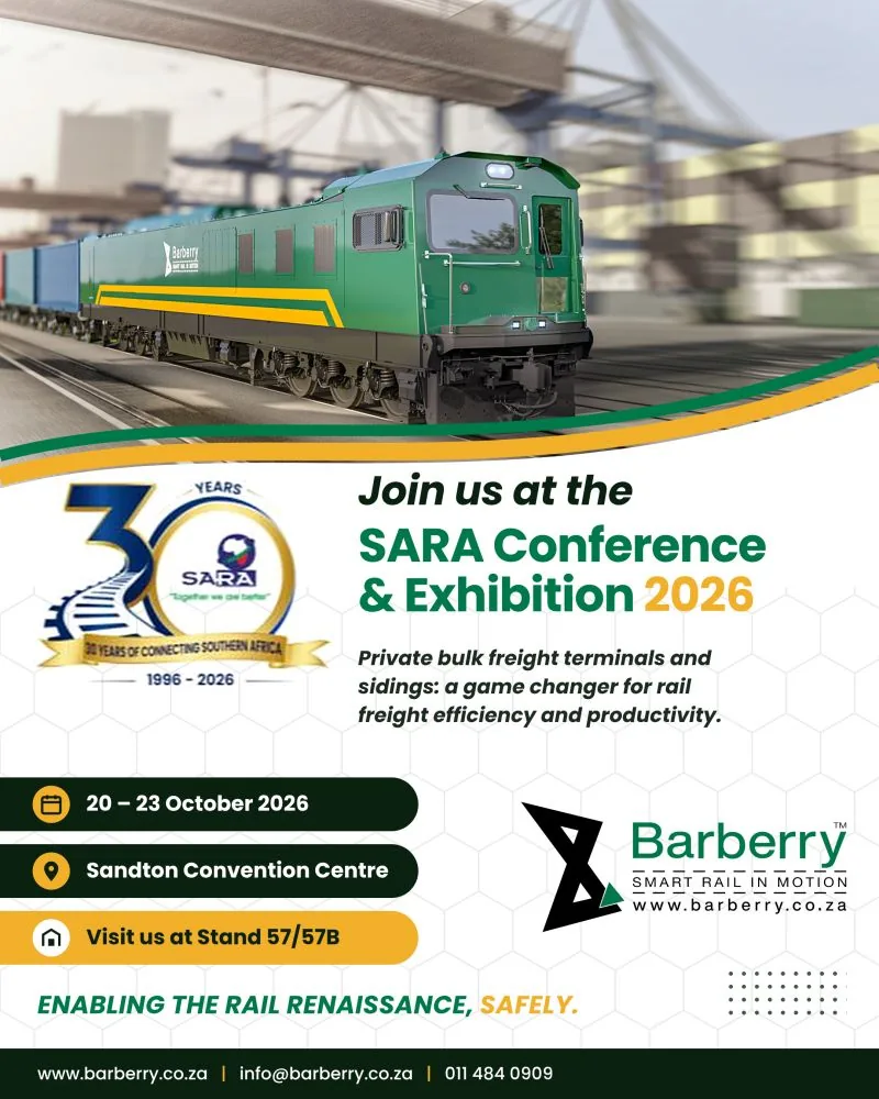 Poster with a green Barberry locomotive: Join us at the SARA Conference and Exhibition 2026. Private bulk freight terminals and sidings: a game changer for rail freight efficiency and productivity. Visit us at Stand 57/57B.