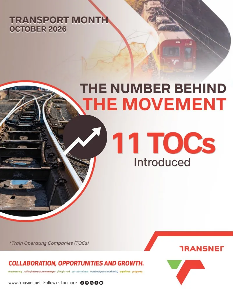 Transnet Transport Month October 2026 graphic: The number behind the movement, 11 TOCs (Train Operating Companies) introduced, beside photos of rail tracks and a Transnet locomotive.