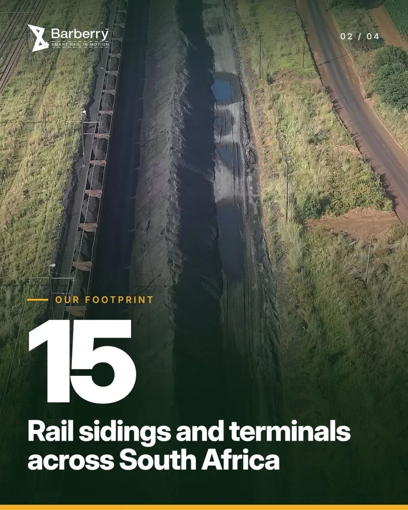 Aerial view of long coal stockpiles running beside a rail line. Text: 15 rail sidings and terminals across South Africa.