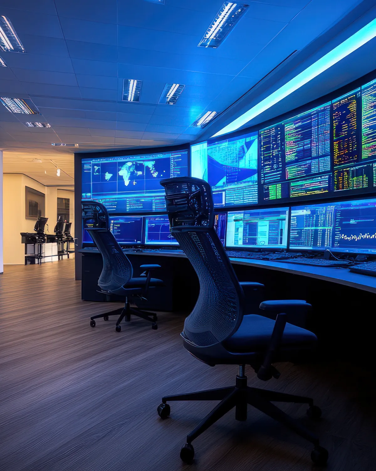 Operations control room with a wall of monitoring screens above a curved row of workstations