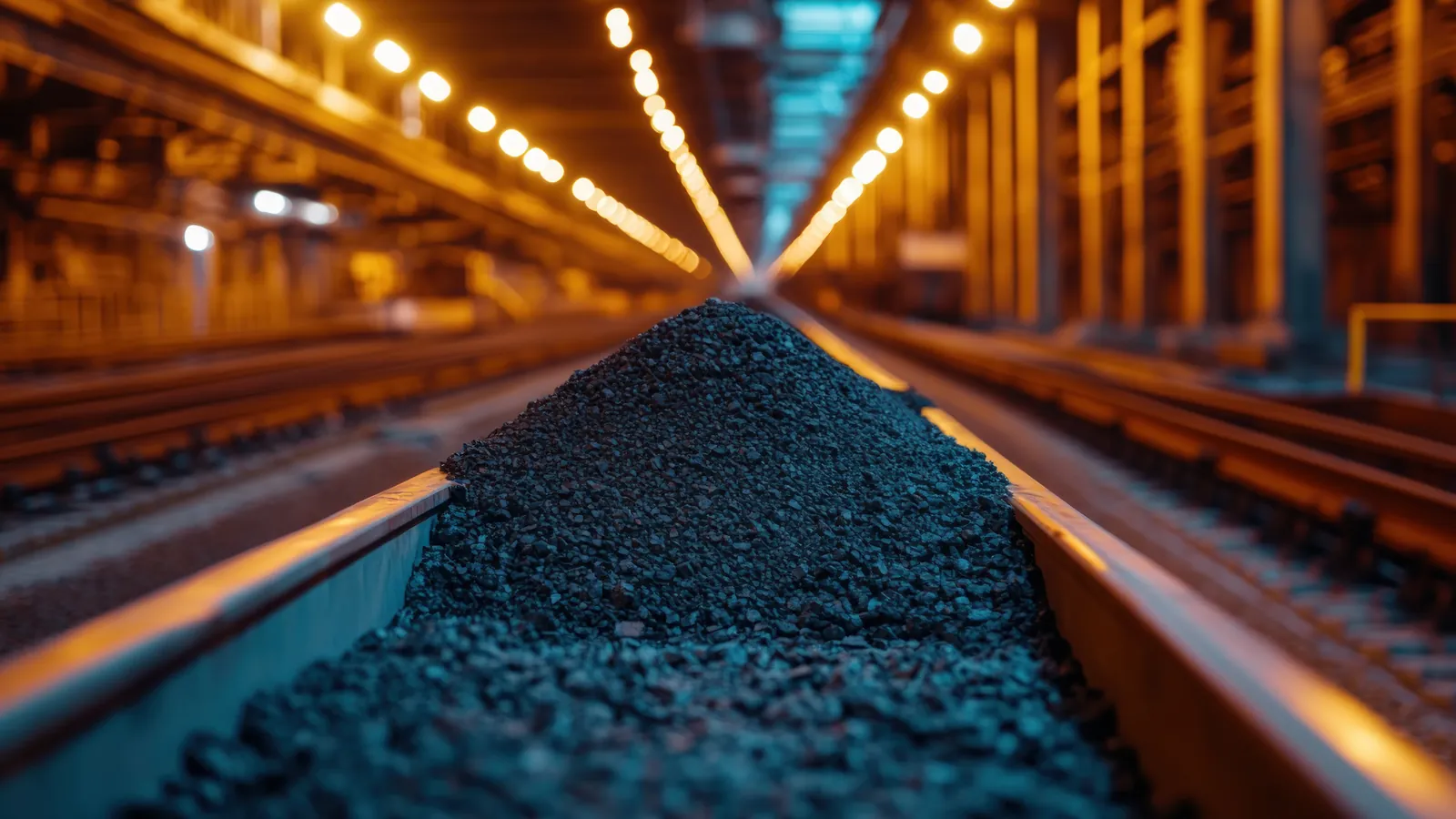 Coal on a conveyor belt running between rail tracks under warm industrial lighting
